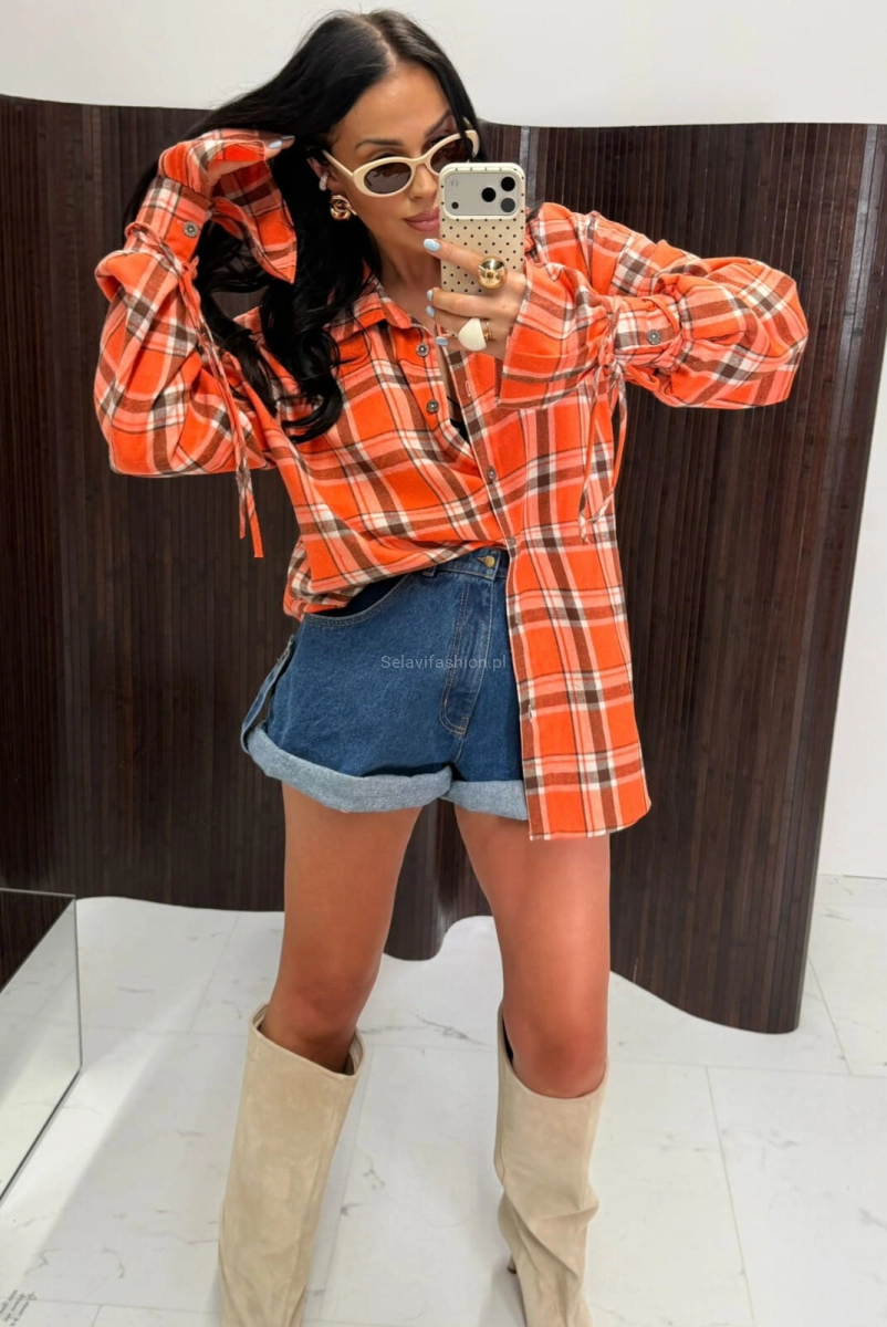 Koszula bawełniana w kratę z szerokimi mankietami La Milla pomarańczowa
