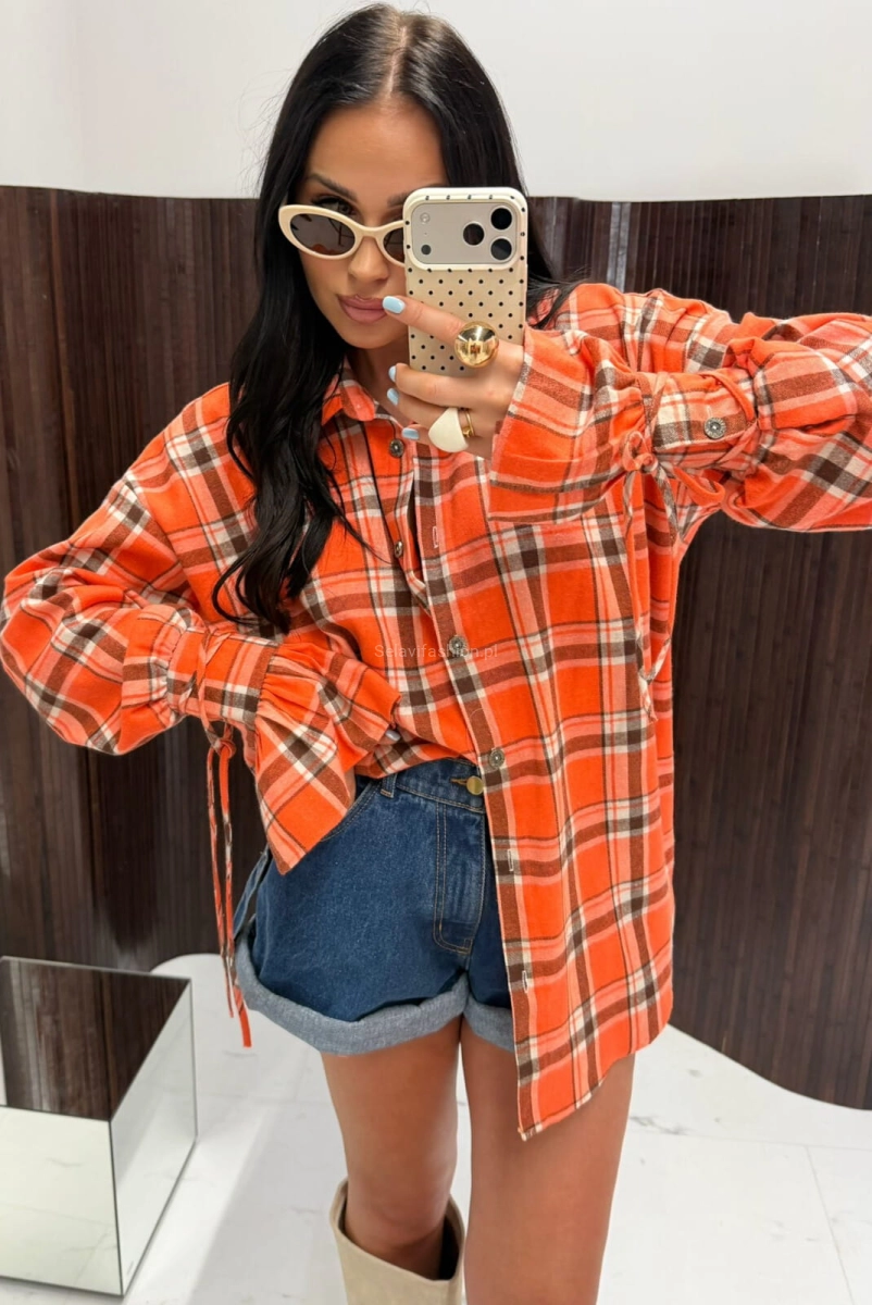 Koszula bawełniana w kratę z szerokimi mankietami La Milla pomarańczowa