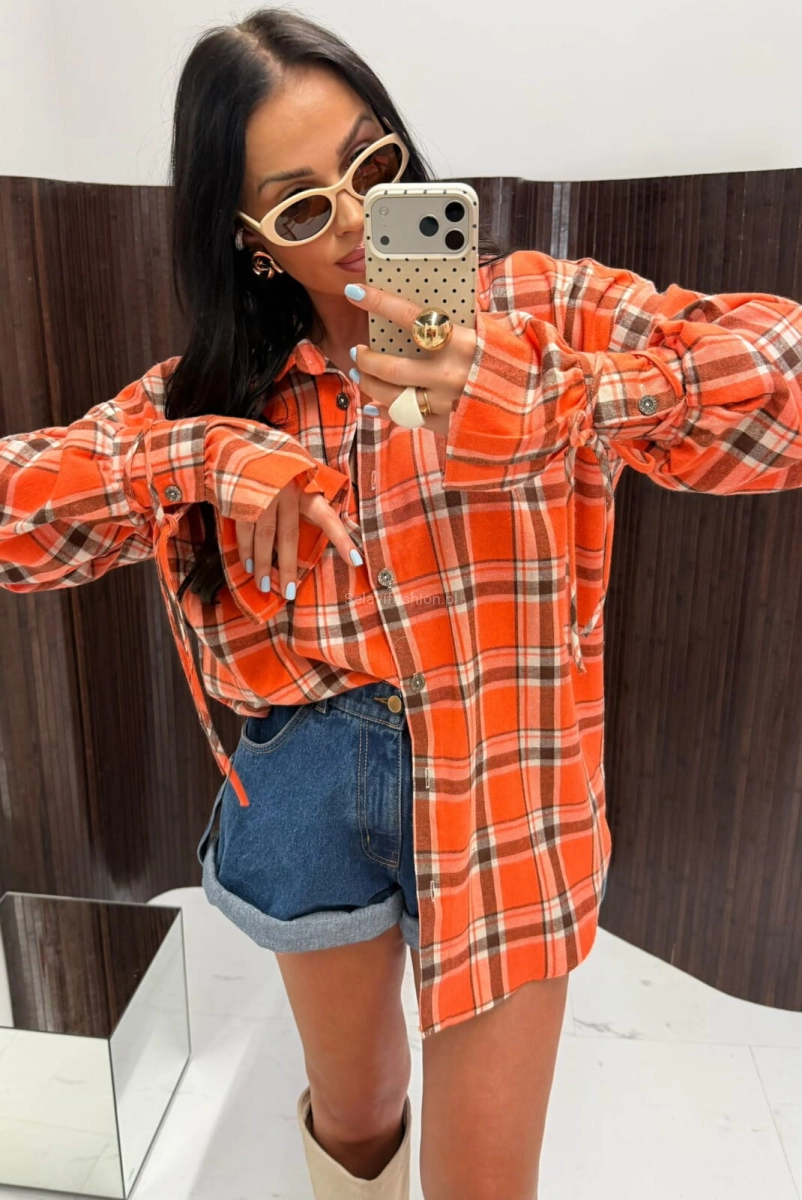 Koszula bawełniana w kratę z szerokimi mankietami La Milla pomarańczowa