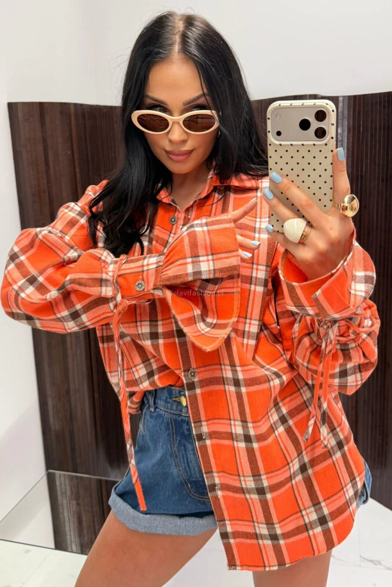 Koszula bawełniana w kratę z szerokimi mankietami La Milla pomarańczowa 