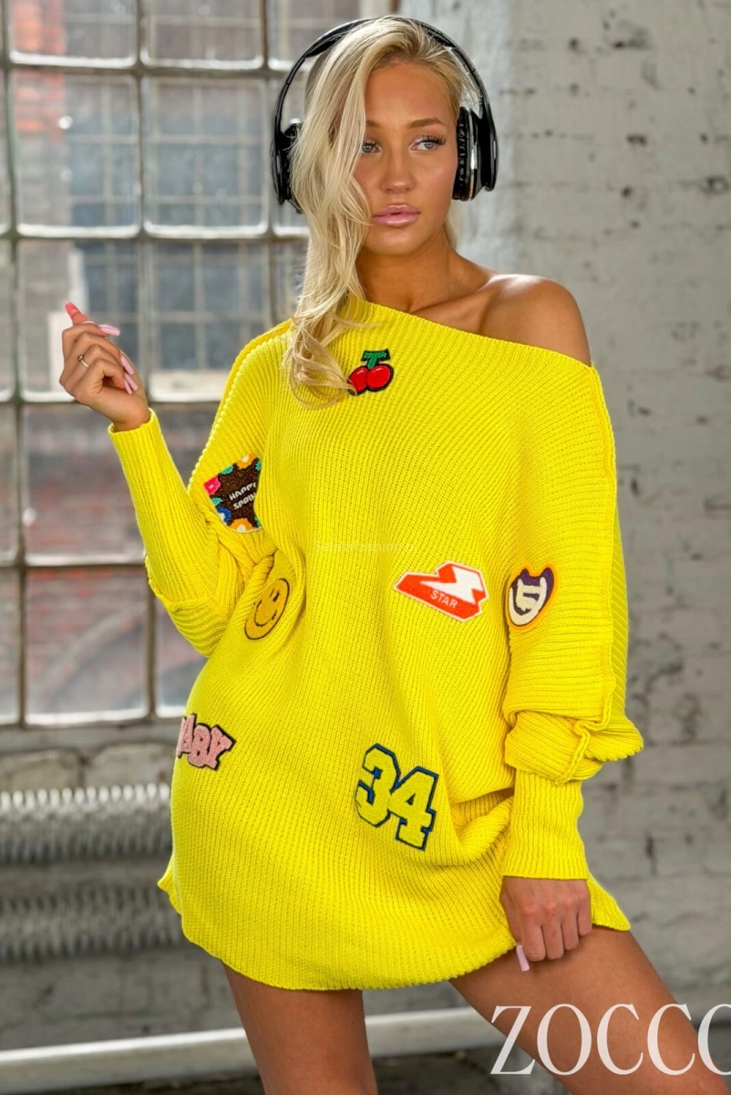 Długi sweter z naszywkami Zocco żółty