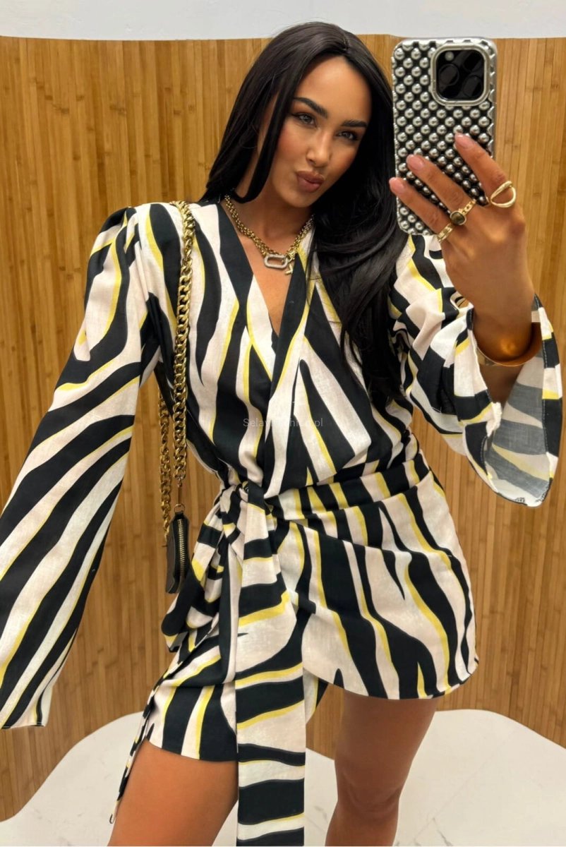 Lniana sukienka wiązana kopertowo Zebra LaMilla biała z żółtym