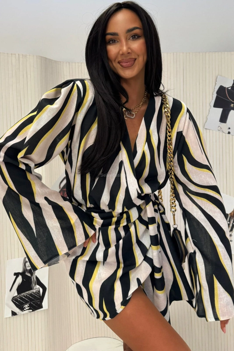 Lniana sukienka wiązana kopertowo Zebra LaMilla biała z żółtym