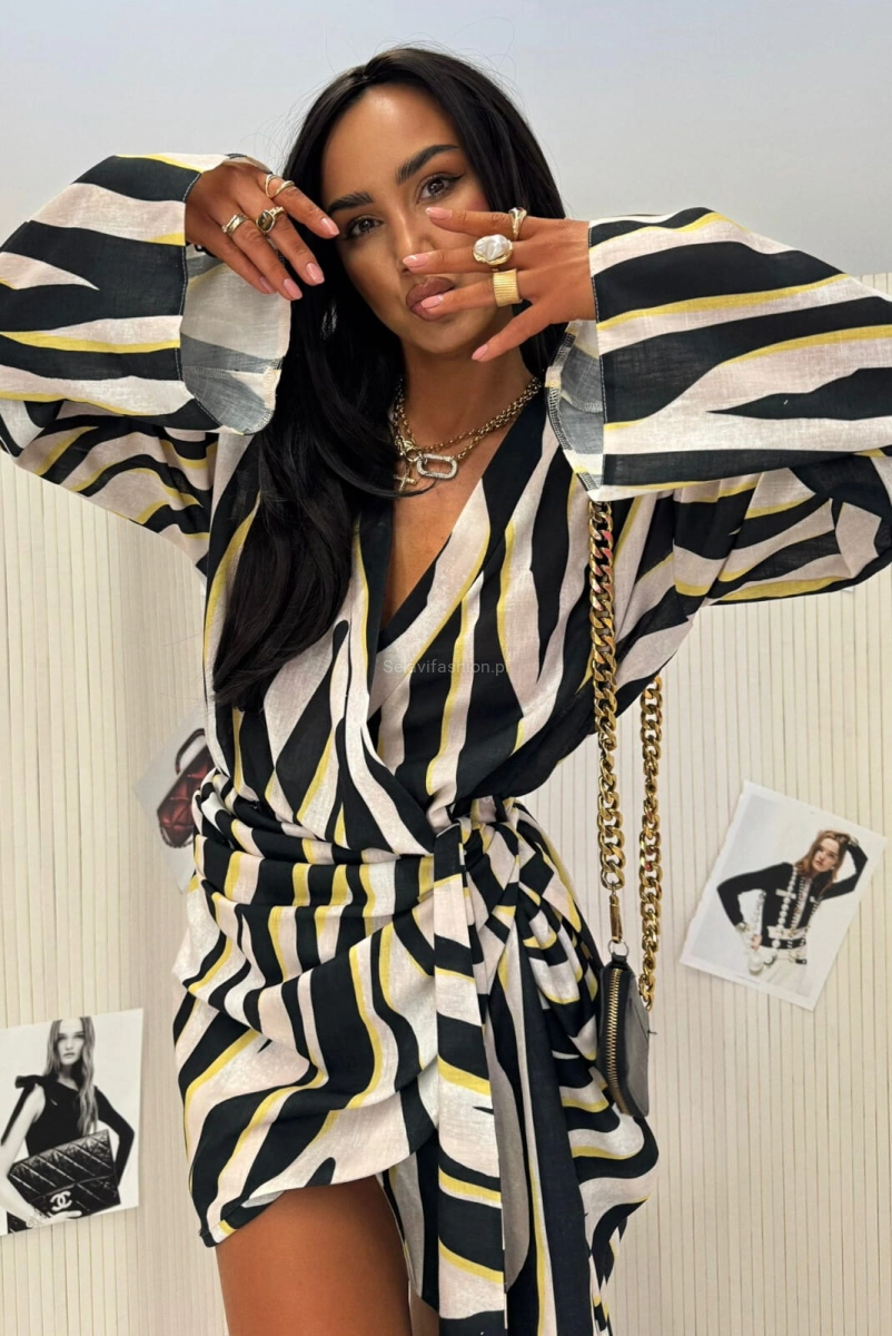 Lniana sukienka wiązana kopertowo Zebra LaMilla biała z żółtym