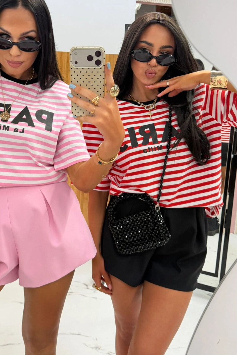 Oversizowy t-shirt bluzka w paski Paris La Milla biało czerwony 