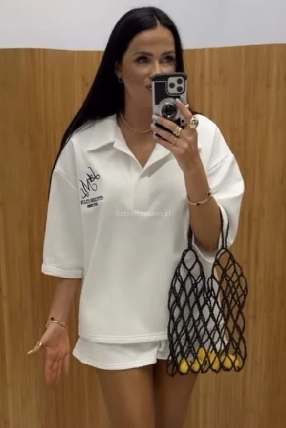 Komplet bluza i spodenki z haftowanym logo La Milla biały 