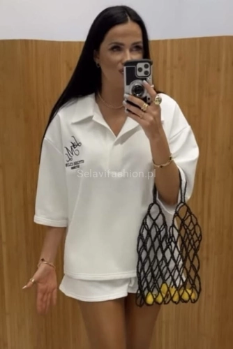 Komplet bluza i spodenki z haftowanym logo La Milla biały