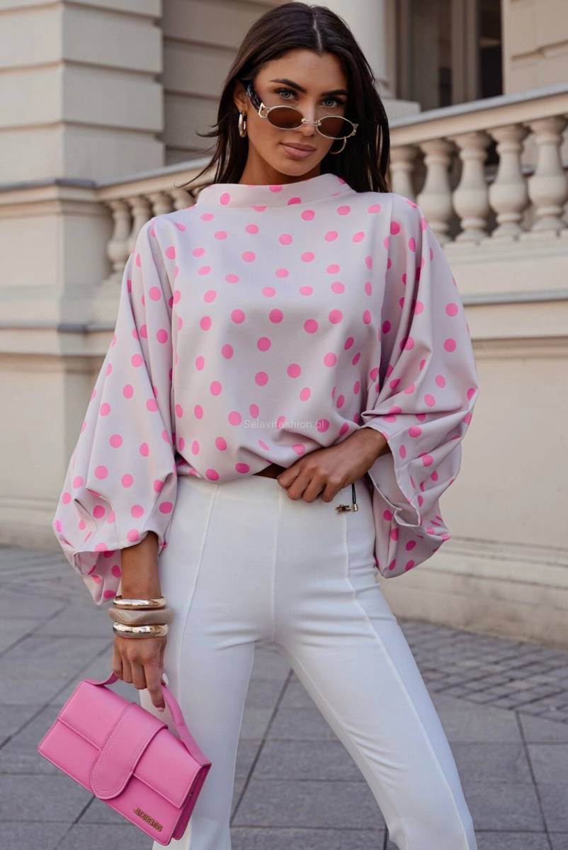 Bluzka kimono AMELIA w duże różowe groszki Lavestino beżowa 