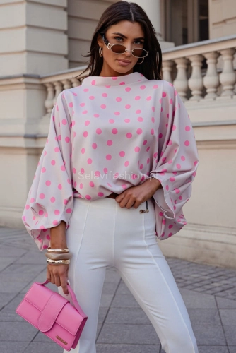 Bluzka kimono AMELIA w duże różowe groszki Lavestino beżowa
