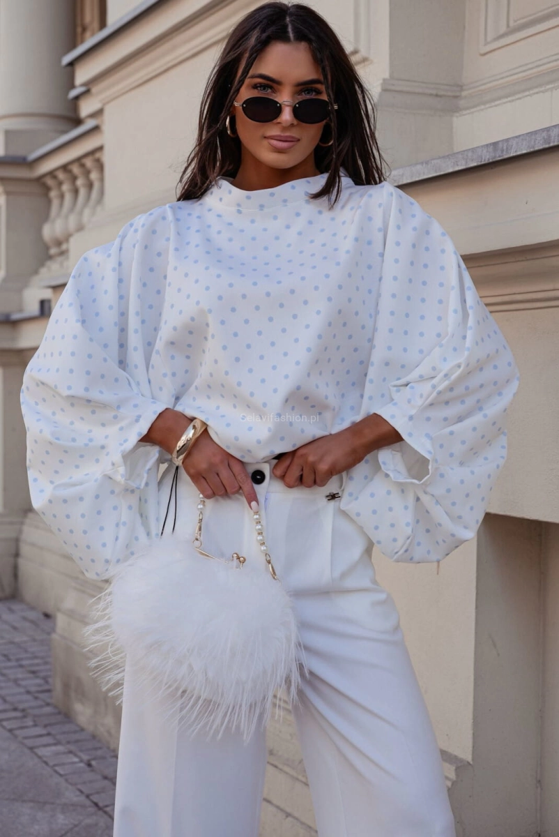 Bluzka kimono AMELIA w małe błękitne groszki Lavestino biała