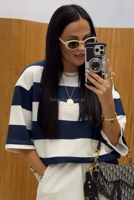 T-shirt bluzka oversizowa w paski La Milla biało granatowy