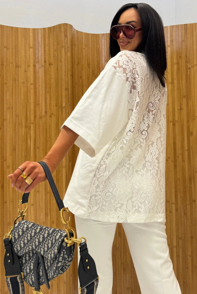 Oversizowy t-shirt bluzka z koronkowym tyłem La Milla biała