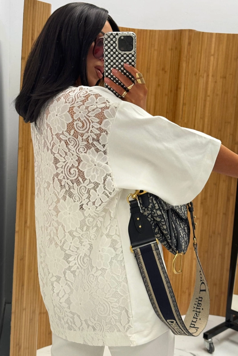 Oversizowy t-shirt bluzka z koronkowym tyłem La Milla biała