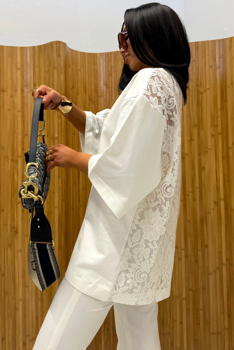 Oversizowy t-shirt bluzka z koronkowym tyłem La Milla biała