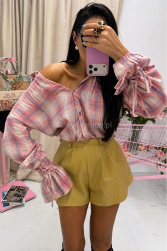 Koszula bawełniana w kratę z szerokimi mankietami La Milla różowa