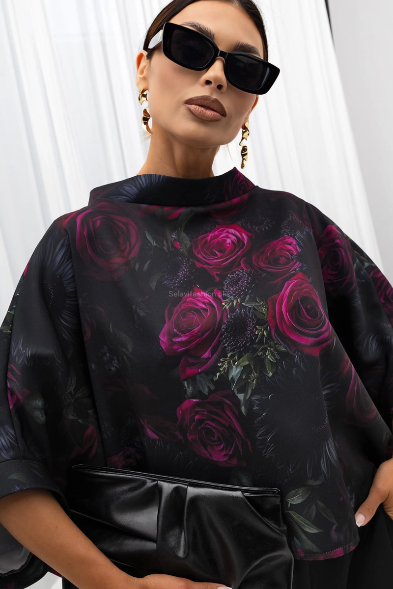 Bluzka Kimono w kwiaty Rose Miss City Official czarna 