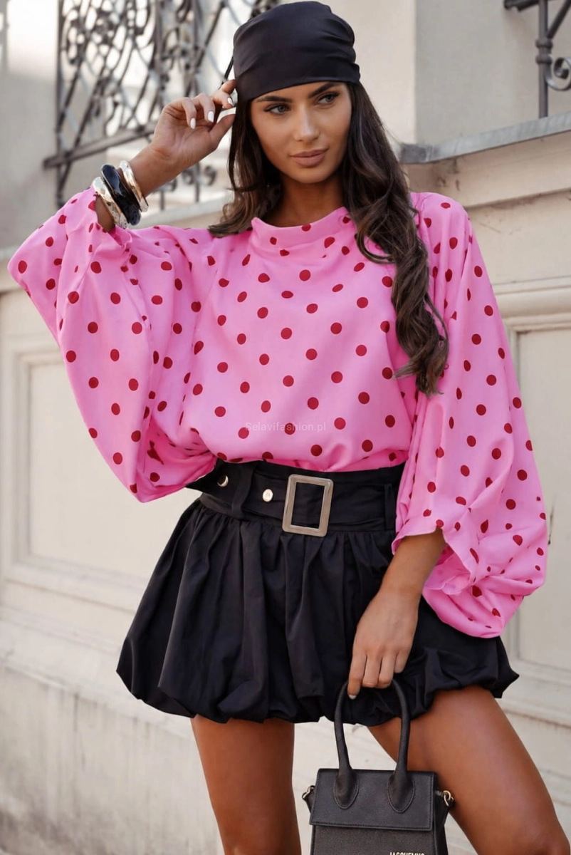 Bluzka kimono AMELIA w małe czarne groszki Lavestino różowa