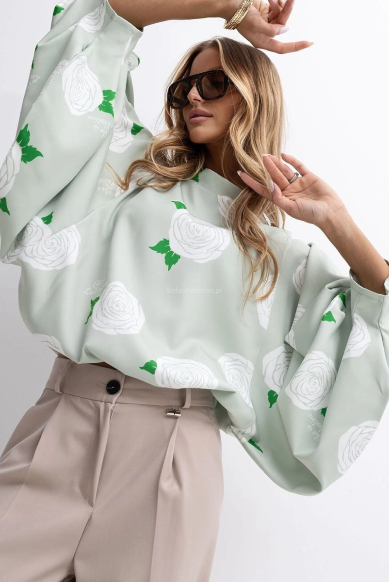 Bluzka kimono AMELIA w duże róże Lavestino miętowa 