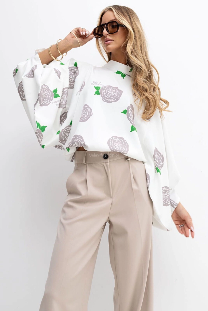 Bluzka kimono AMELIA w duże róże Lavestino biała