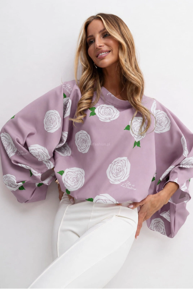 Bluzka kimono AMELIA w duże róże Lavestino brudny róż