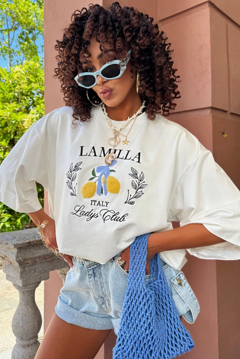 Oversizowy t-shirt bluzka w haftowane cytrynki La Milla biały  