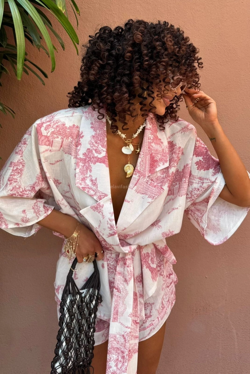 Komplet koszula kimono i spodenki nature La Milla koralowy