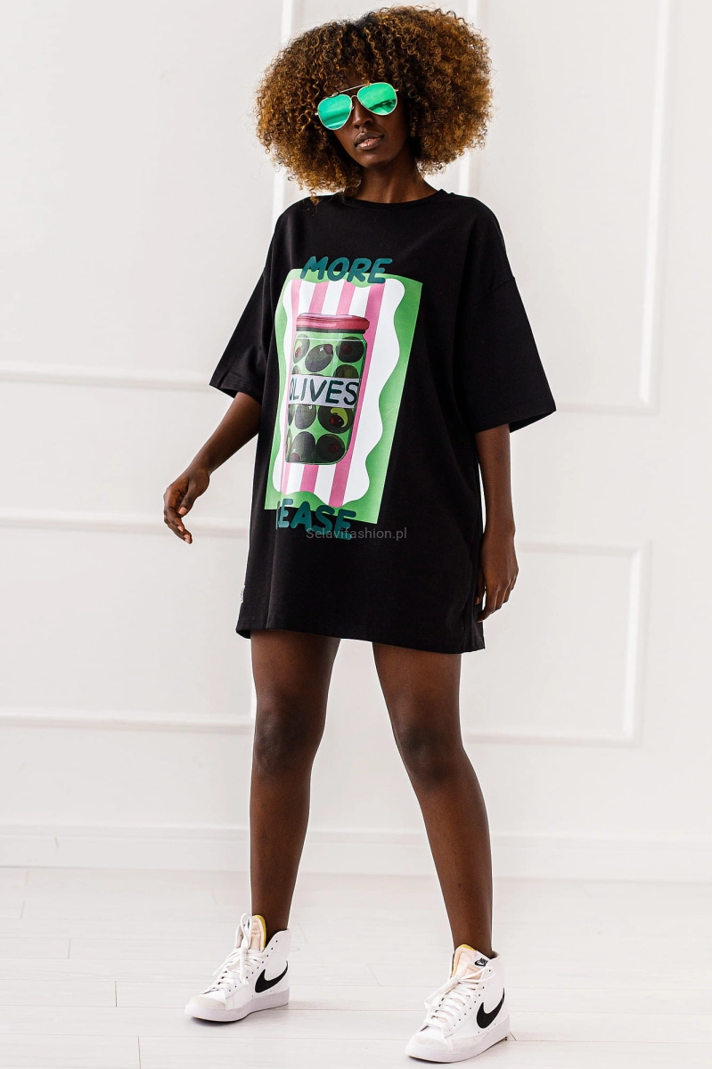 Długi t-shirt bluzka Olives Miss City czarny