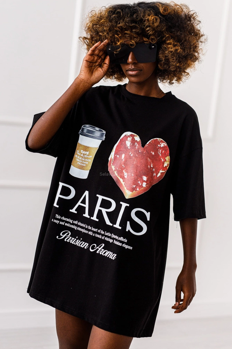 Długi t-shirt bluzka Paris Miss City czarny
