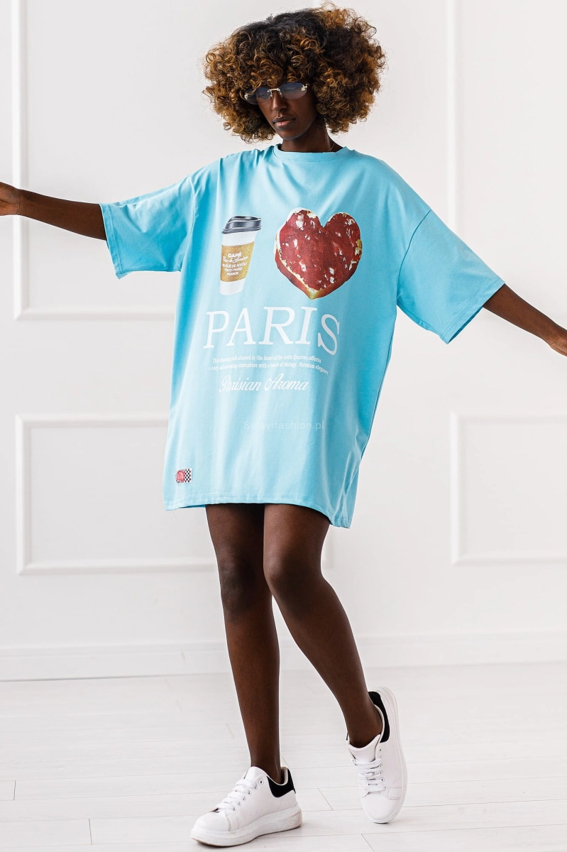 Długi t-shirt bluzka Paris Miss City błękitny