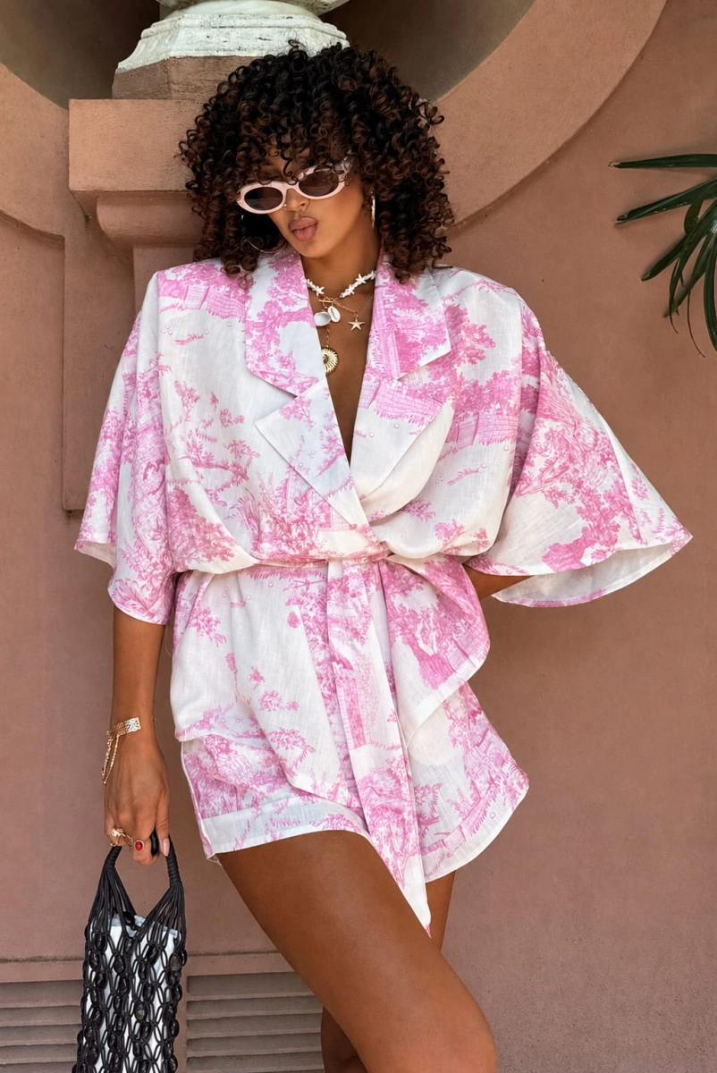 Komplet koszula kimono i spodenki nature La Milla różowy