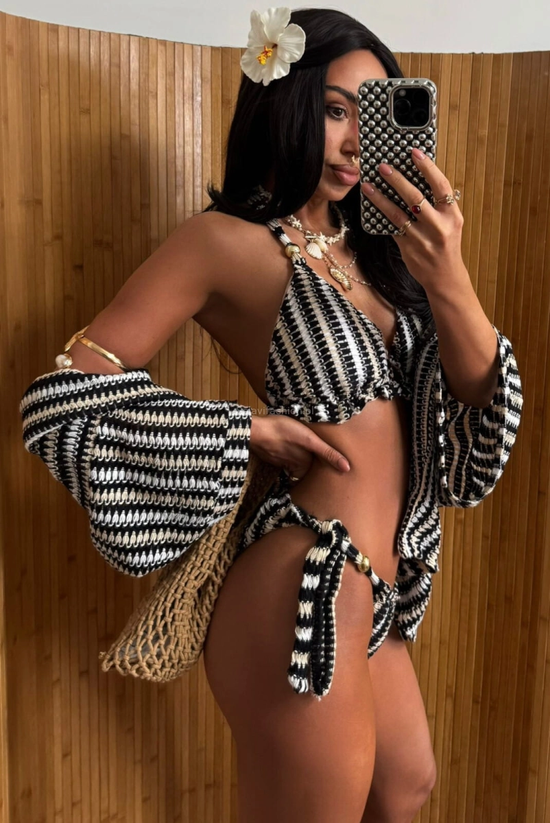 Komplet ażurowy koszula i bikini La Milla czarno beżowy