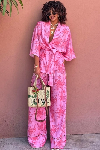 Komplet koszula kimono z krótkim rękawem i spodnie La Milla różowy