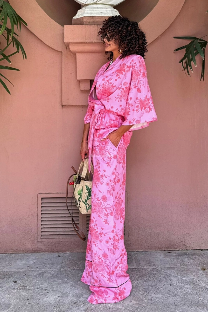 Komplet koszula kimono z krótkim rękawem i spodnie La Milla różowy