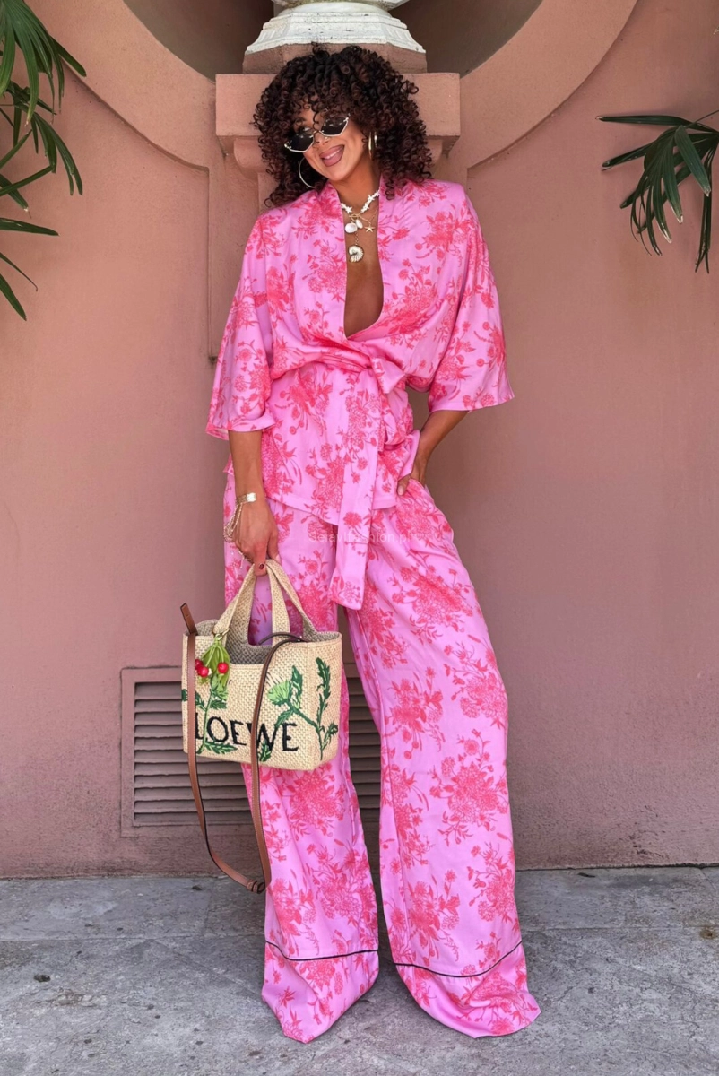 Komplet koszula kimono z krótkim rękawem i spodnie La Milla różowy