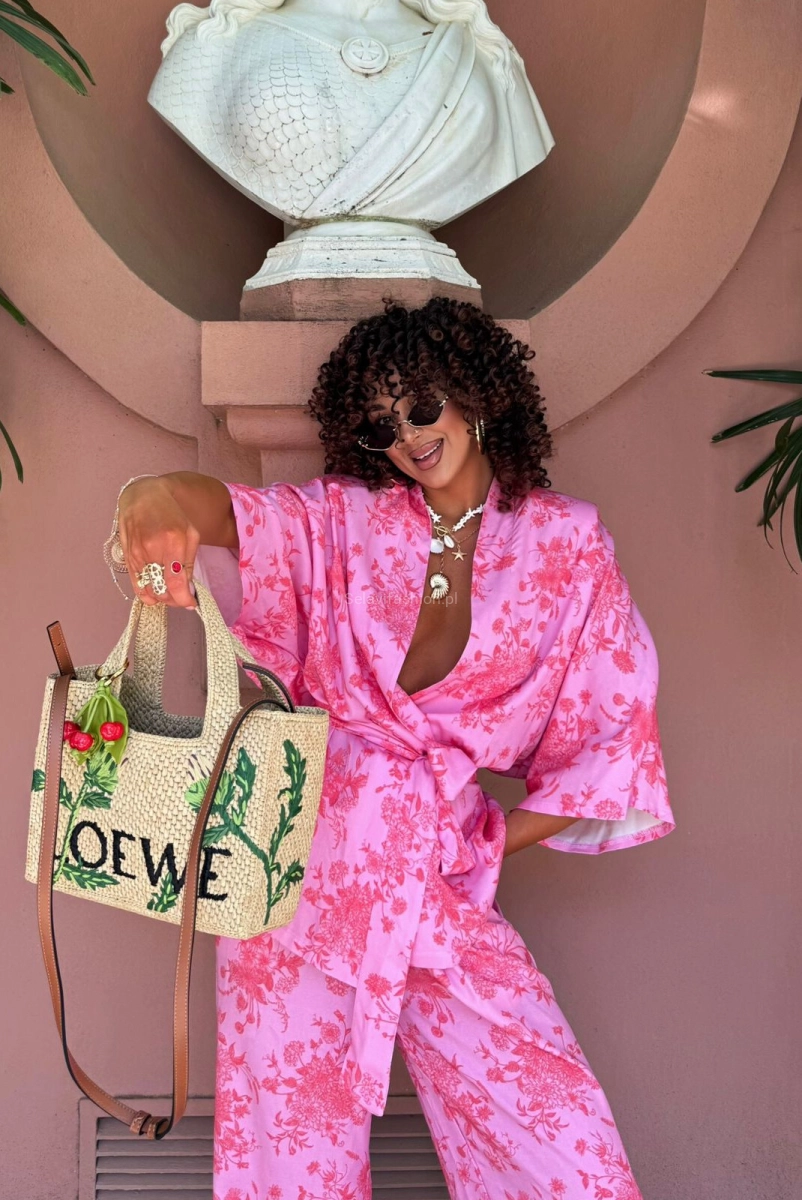 Komplet koszula kimono z krótkim rękawem i spodnie La Milla różowy
