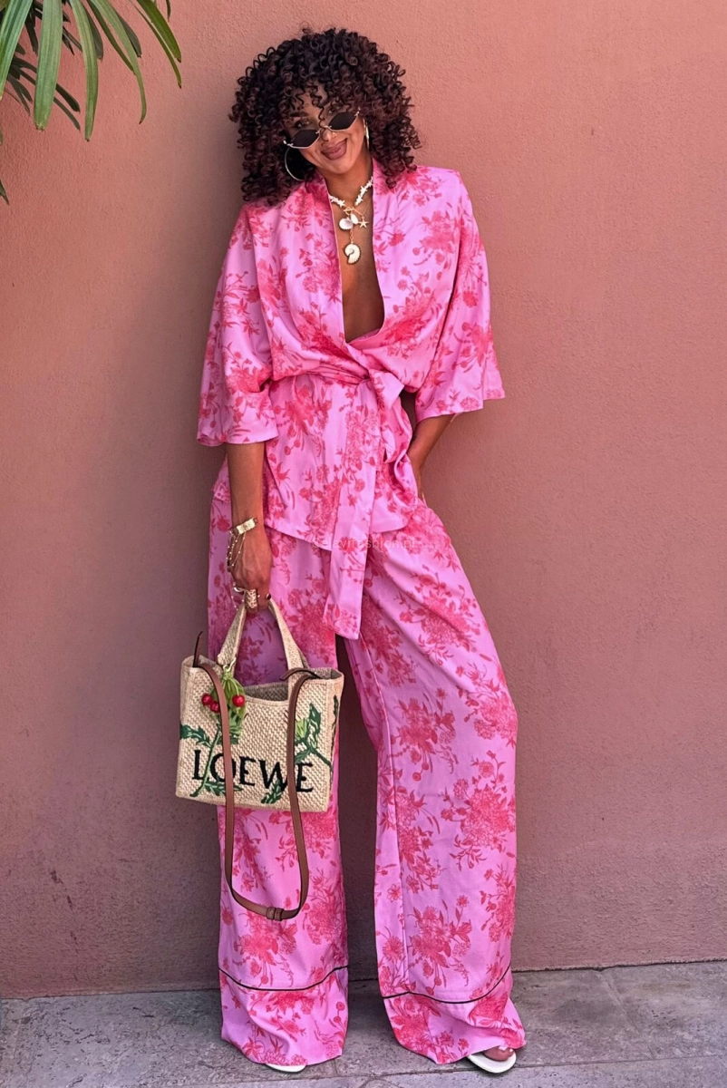 Komplet koszula kimono z krótkim rękawem i spodnie La Milla różowy