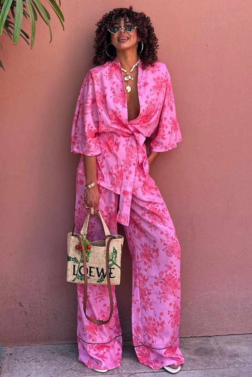 Komplet koszula kimono z krótkim rękawem i spodnie La Milla różowy