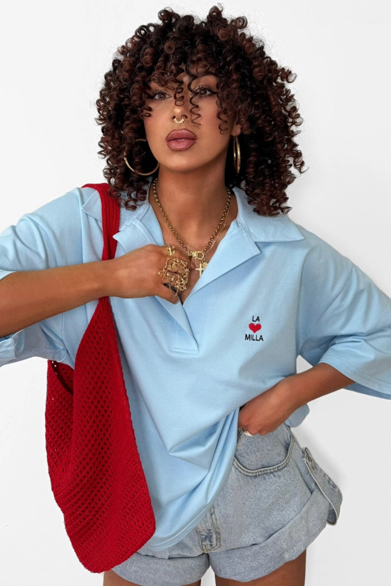T-shirt bluzka polo z kołnierzykiem oversizowa La Milla niebieska