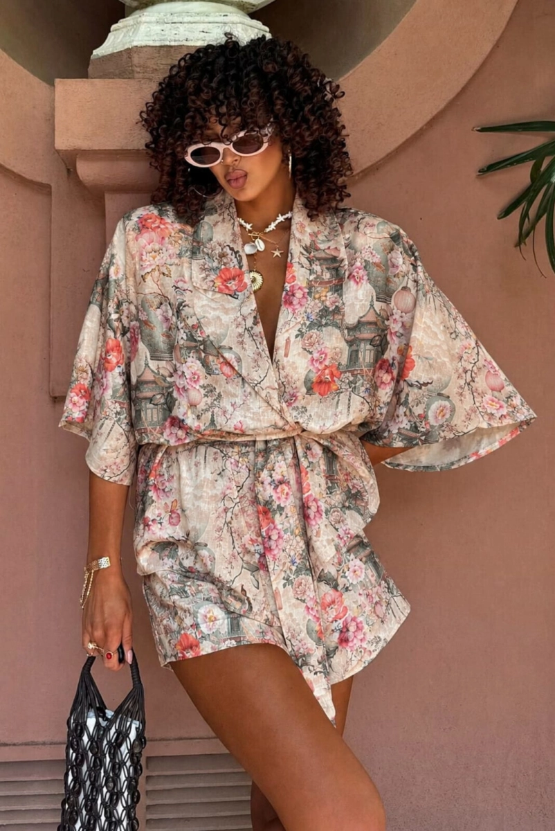 Komplet koszula kimono i spodenki w kwiaty La Milla jasno różowy 