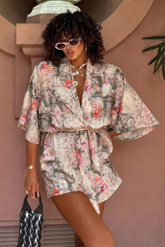 Komplet koszula kimono i spodenki w kwiaty La Milla jasno różowy