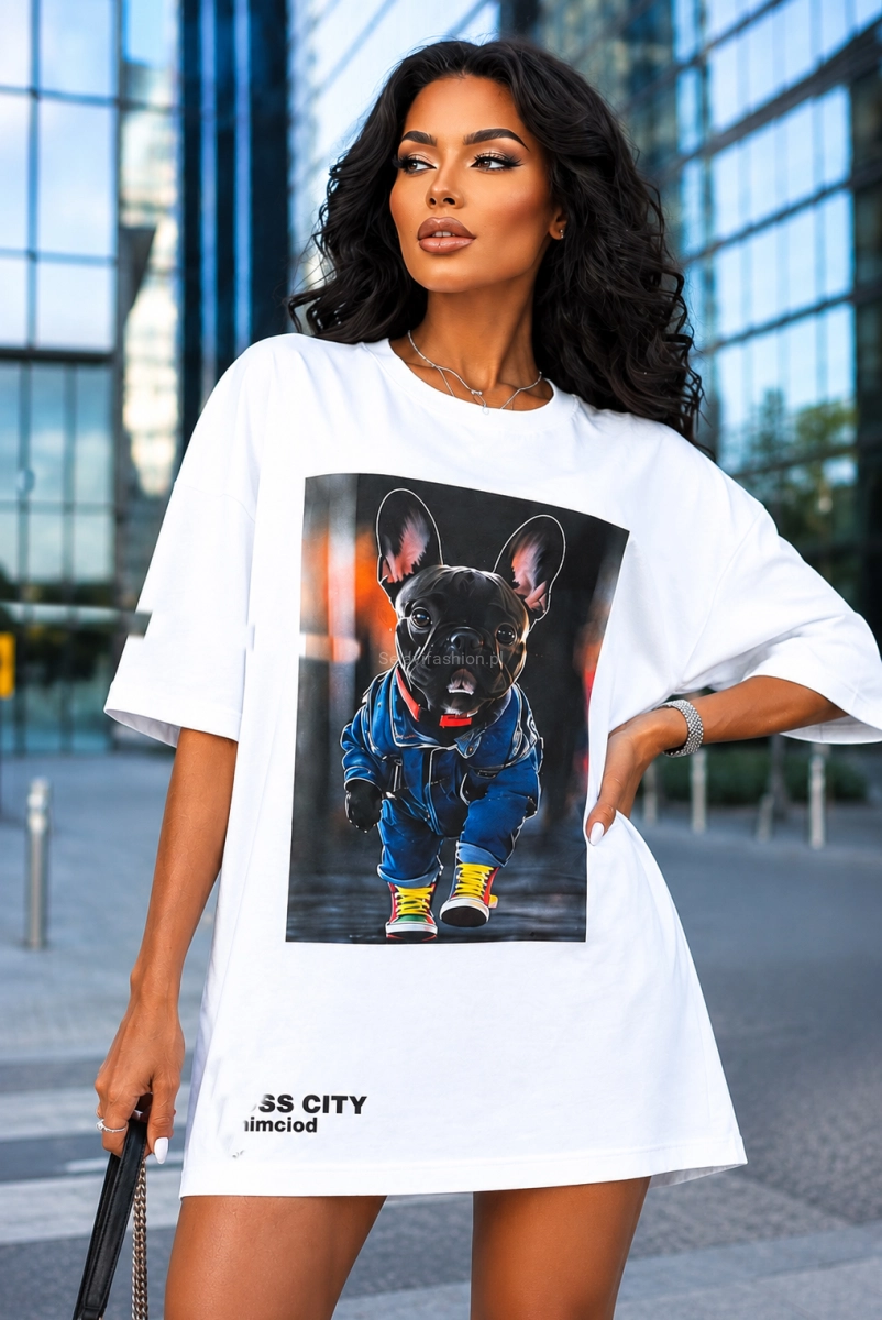 Długi t-shirt bluzka Buldog francuski Miss City biały