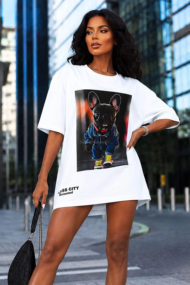 Długi t-shirt bluzka Buldog francuski Miss City biały