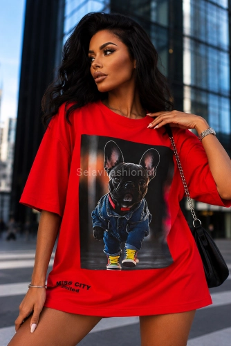 Długi t-shirt bluzka Buldog francuski Miss City czerwony