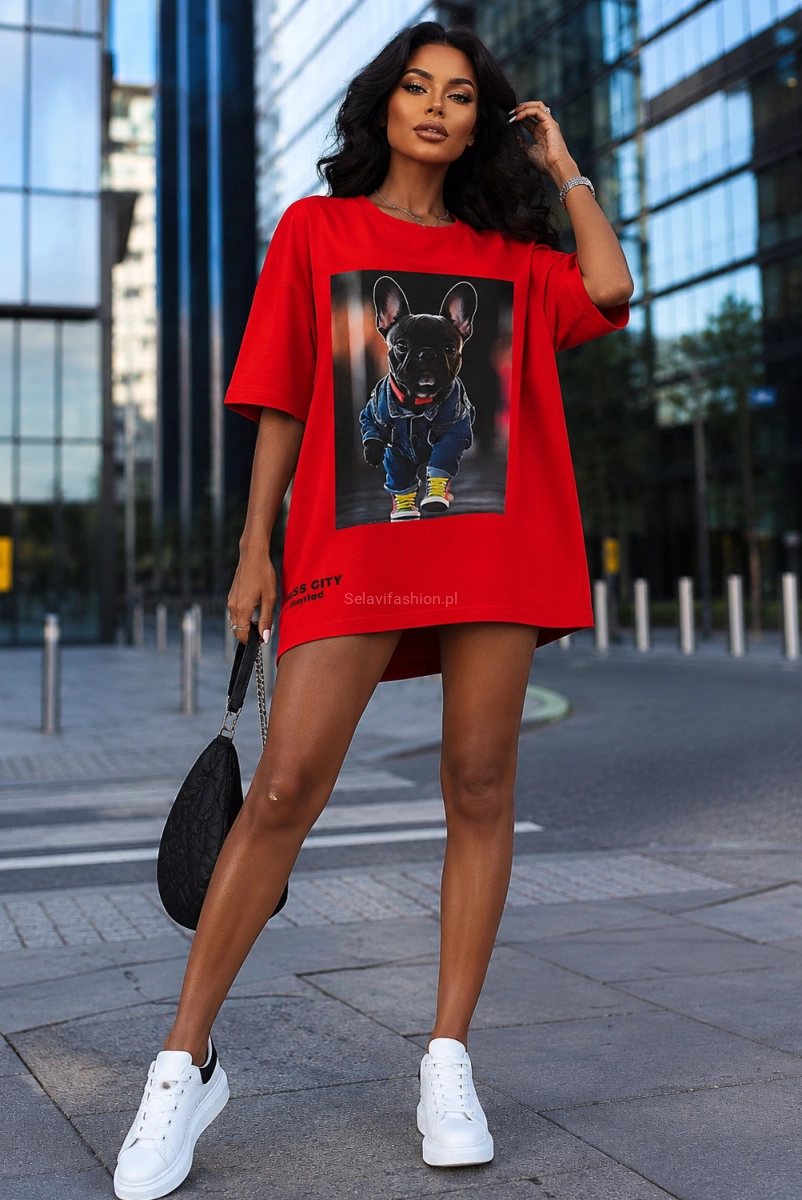 Długi t-shirt bluzka Buldog francuski Miss City czerwony