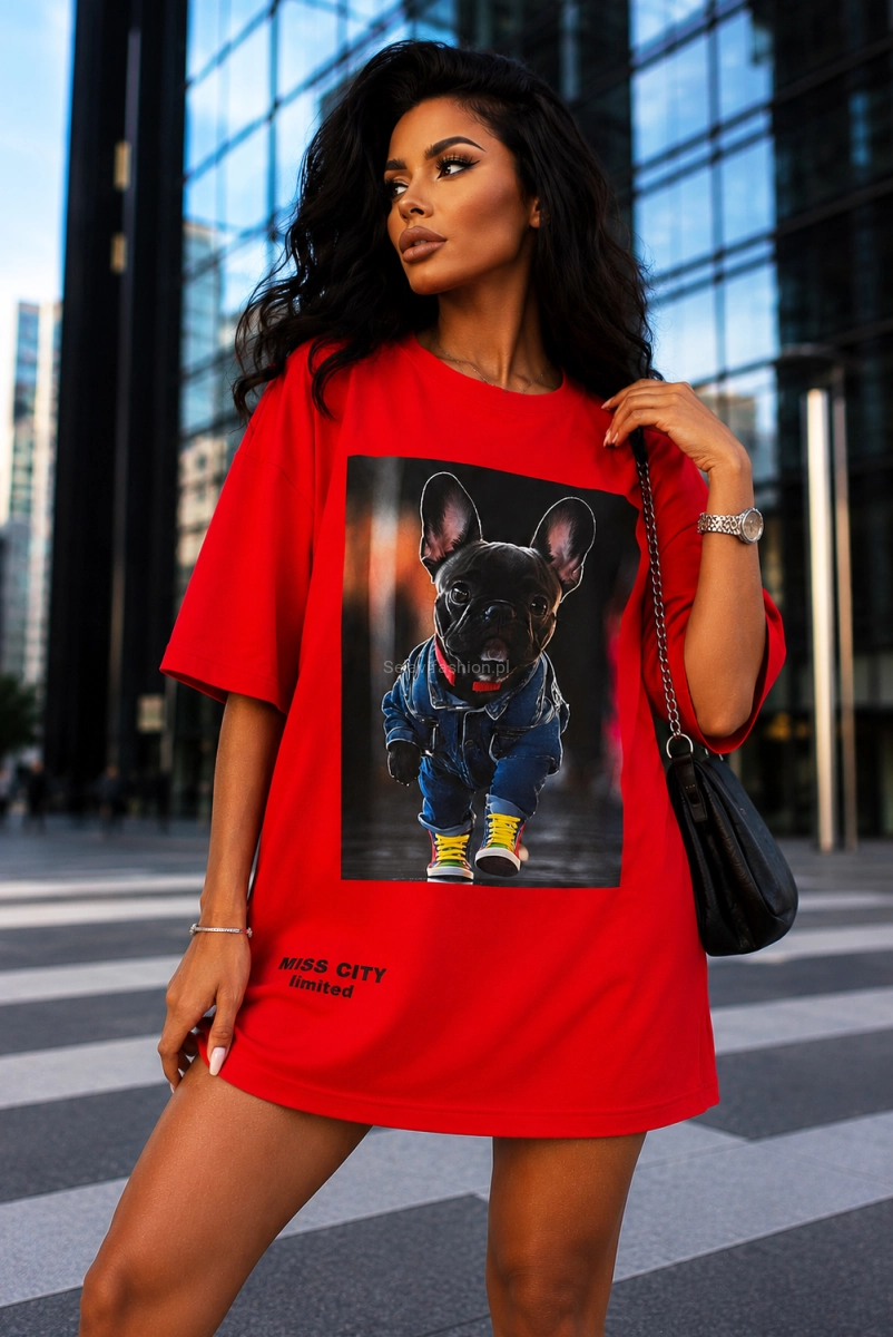 Długi t-shirt bluzka Buldog francuski Miss City czerwony