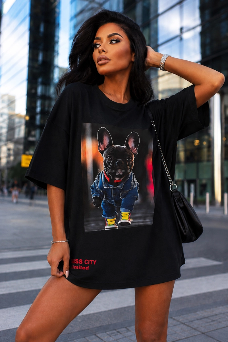 Długi t-shirt bluzka Buldog francuski Miss City czarny