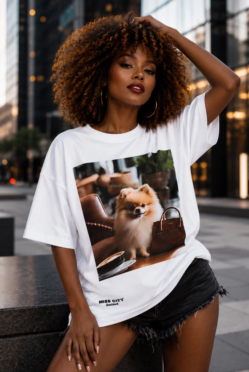 Długi t-shirt bluzka Szpic z torebką Miss City biały