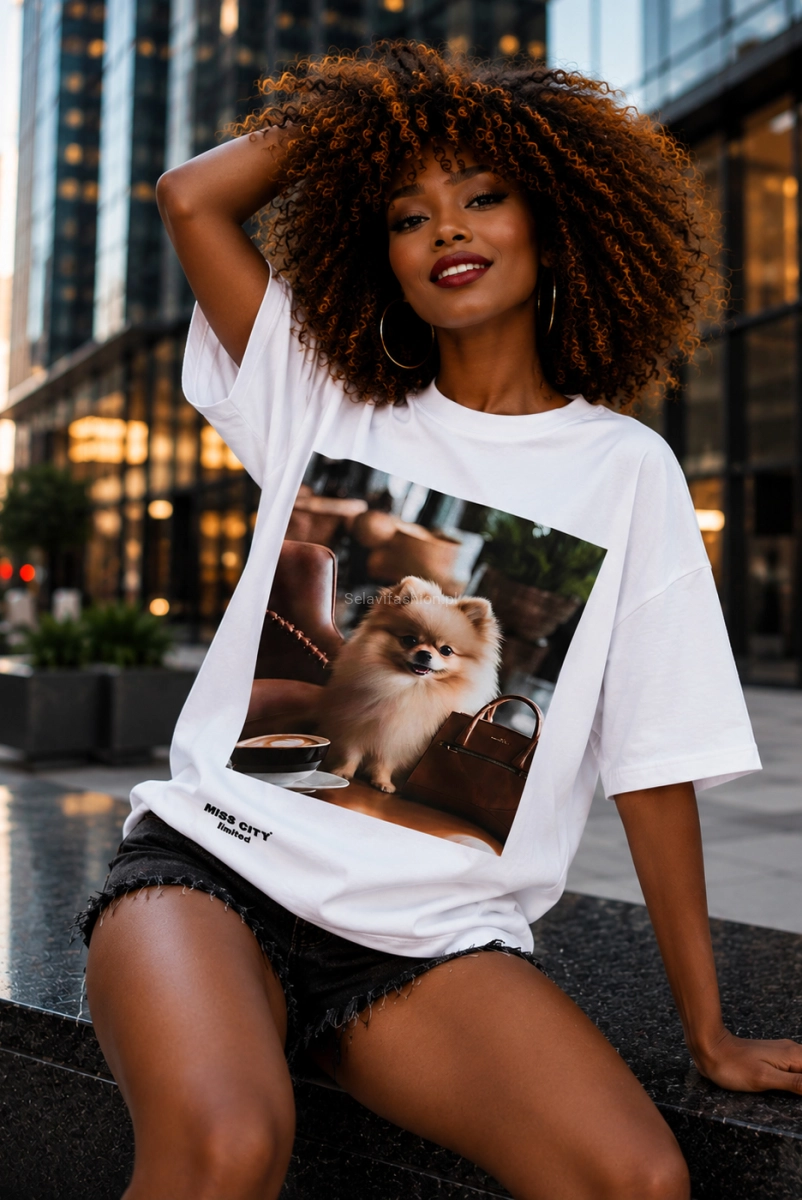 Długi t-shirt bluzka Szpic z torebką Miss City biały