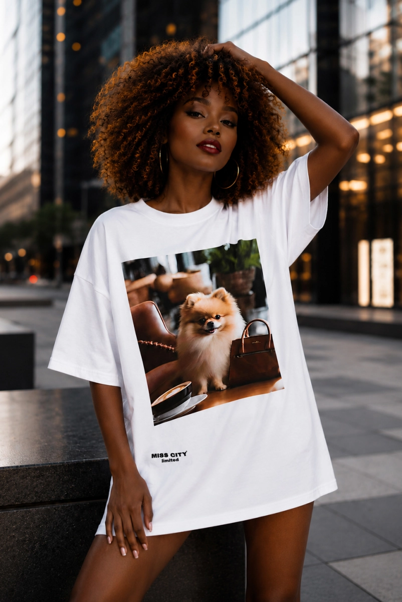 Długi t-shirt bluzka Szpic z torebką Miss City biały