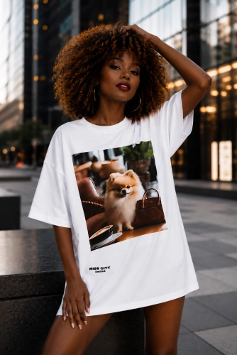 Długi t-shirt bluzka Szpic z torebką Miss City biały
